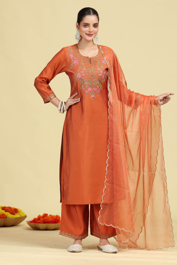Rust Embroidered Ethnic Suit Set