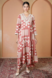 Peach Printed Embroidered V-Neck Kurta & Straight Pants Co-Ord Set