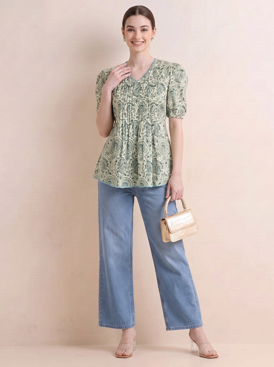 Off White & Green Floral Print Pure Cotton Short Kurti