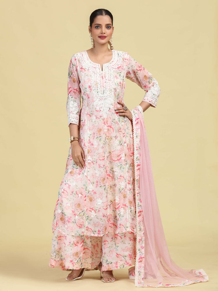 Light Peach Floral Embroidered Ethnic Kurta Palazzo Dupatta Set