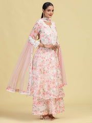 Light Peach Floral Embroidered Ethnic Kurta Palazzo Dupatta Set