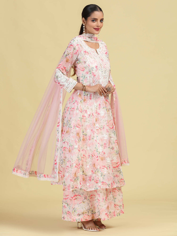 Light Peach Floral Embroidered Ethnic Kurta Palazzo Dupatta Set
