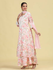 Light Peach Floral Embroidered Ethnic Kurta Palazzo Dupatta Set