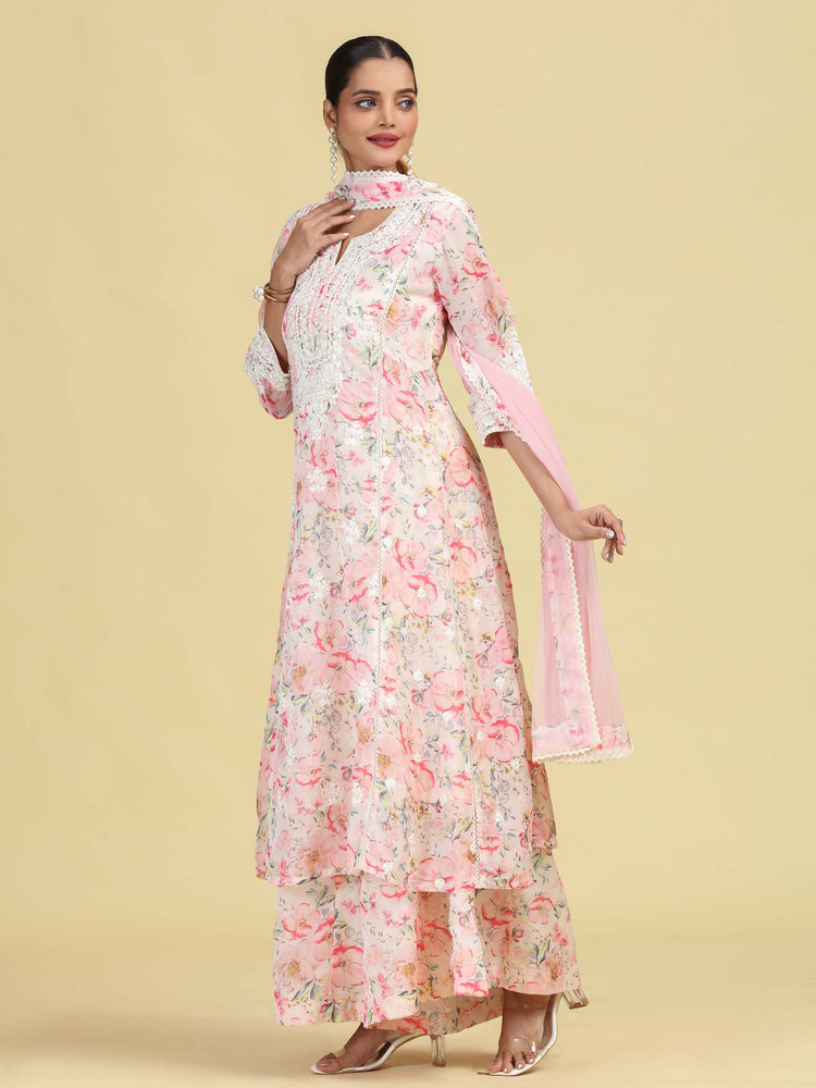 Light Peach Floral Embroidered Ethnic Kurta Palazzo Dupatta Set