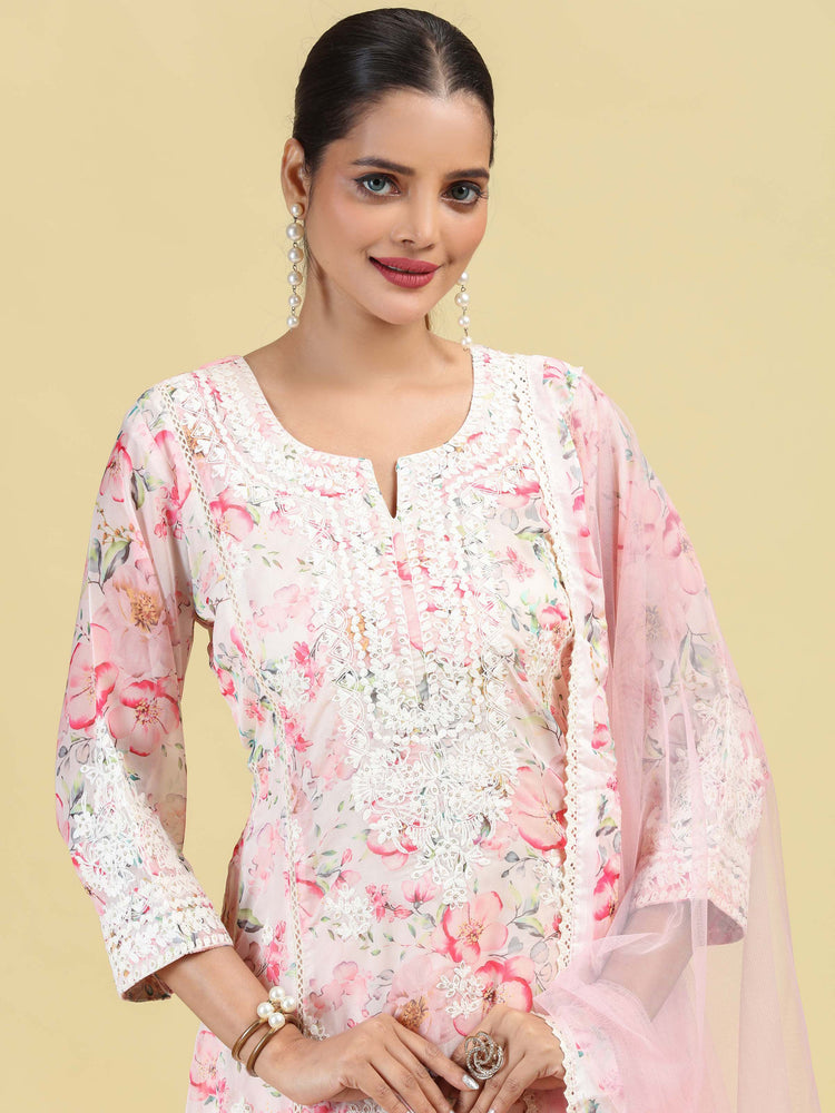 Light Peach Floral Embroidered Ethnic Kurta Palazzo Dupatta Set