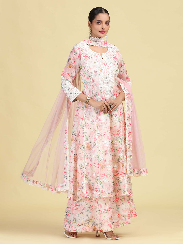 Light Peach Floral Embroidered Ethnic Kurta Palazzo Dupatta Set