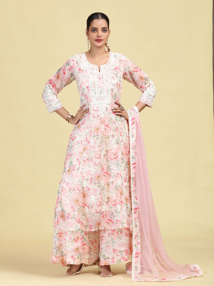 Light Peach Floral Embroidered Ethnic Kurta Palazzo Dupatta Set