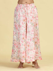 Light Peach Floral Embroidered Ethnic Kurta Palazzo Dupatta Set
