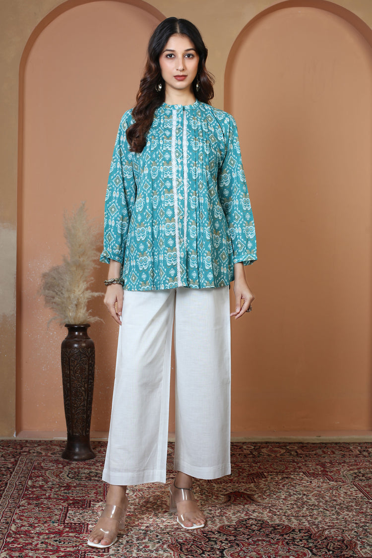 Turquoise Printed Relaxed Fit Pure Casual Cotton Short Kurti