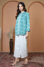 Turquoise Printed Relaxed Fit Pure Casual Cotton Short Kurti
