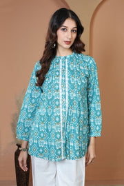 Turquoise Printed Relaxed Fit Pure Casual Cotton Short Kurti