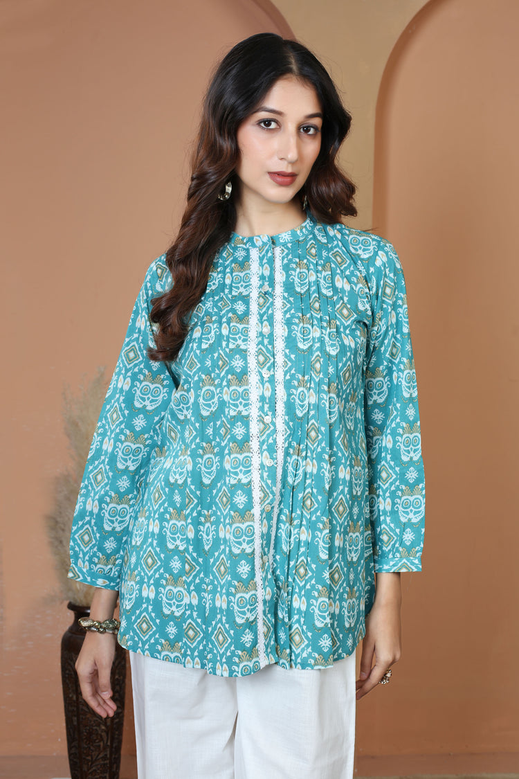 Turquoise Printed Relaxed Fit Pure Casual Cotton Short Kurti