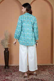 Turquoise Printed Relaxed Fit Pure Casual Cotton Short Kurti
