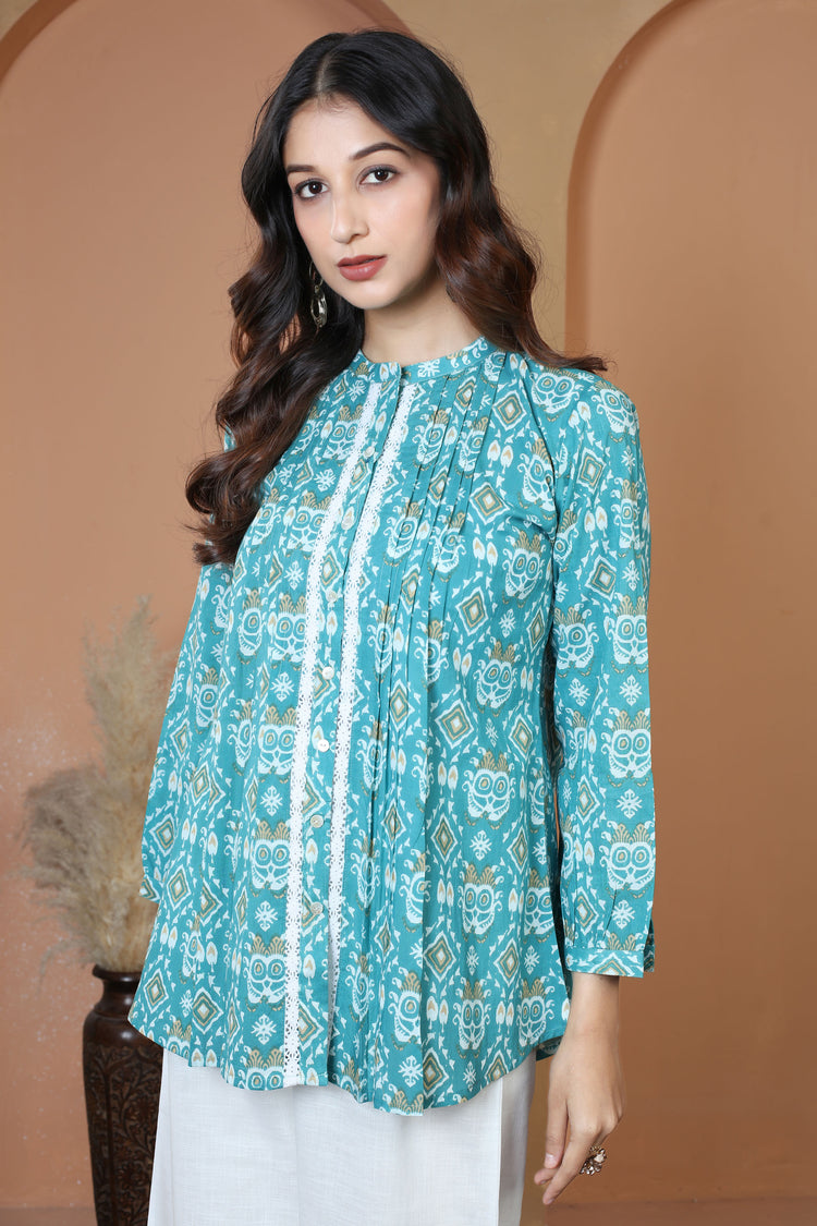 Turquoise Printed Relaxed Fit Pure Casual Cotton Short Kurti