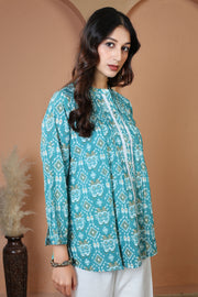 Turquoise Printed Relaxed Fit Pure Casual Cotton Short Kurti