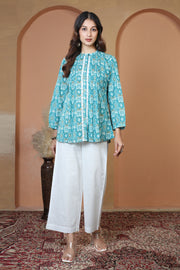 Turquoise Printed Relaxed Fit Pure Casual Cotton Short Kurti