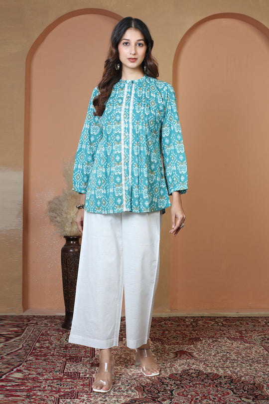 Turquoise Printed Relaxed Fit Pure Casual Cotton Short Kurti