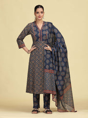 Grey Pure Cotton Ethnic Printed Kurta Pant Dupatta Set