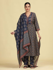 Grey Pure Cotton Ethnic Printed Kurta Pant Dupatta Set
