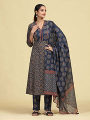 Grey Pure Cotton Ethnic Printed Kurta Pant Dupatta Set