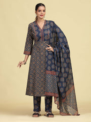 Grey Pure Cotton Ethnic Printed Kurta Pant Dupatta Set