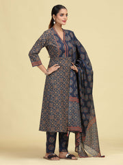 Grey Pure Cotton Ethnic Printed Kurta Pant Dupatta Set