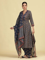 Grey Pure Cotton Ethnic Printed Kurta Pant Dupatta Set