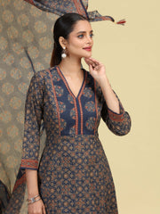 Grey Pure Cotton Ethnic Printed Kurta Pant Dupatta Set