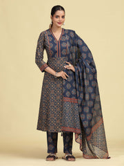 Grey Pure Cotton Ethnic Printed Kurta Pant Dupatta Set