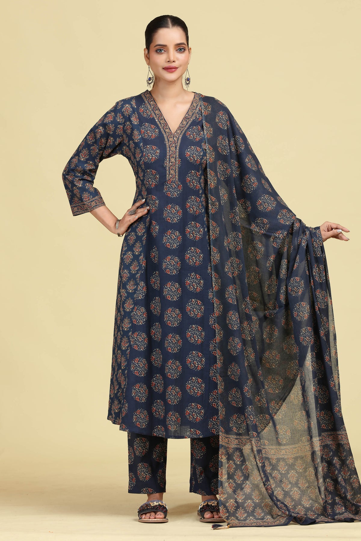 Navy Blue Pure Cotton Printed Ethnic Suit Set