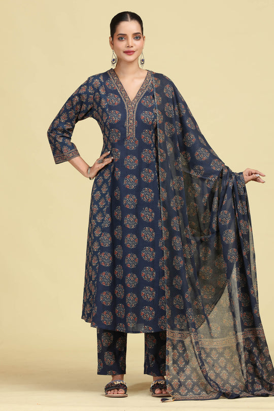 Navy Blue Pure Cotton Printed Ethnic Suit Set