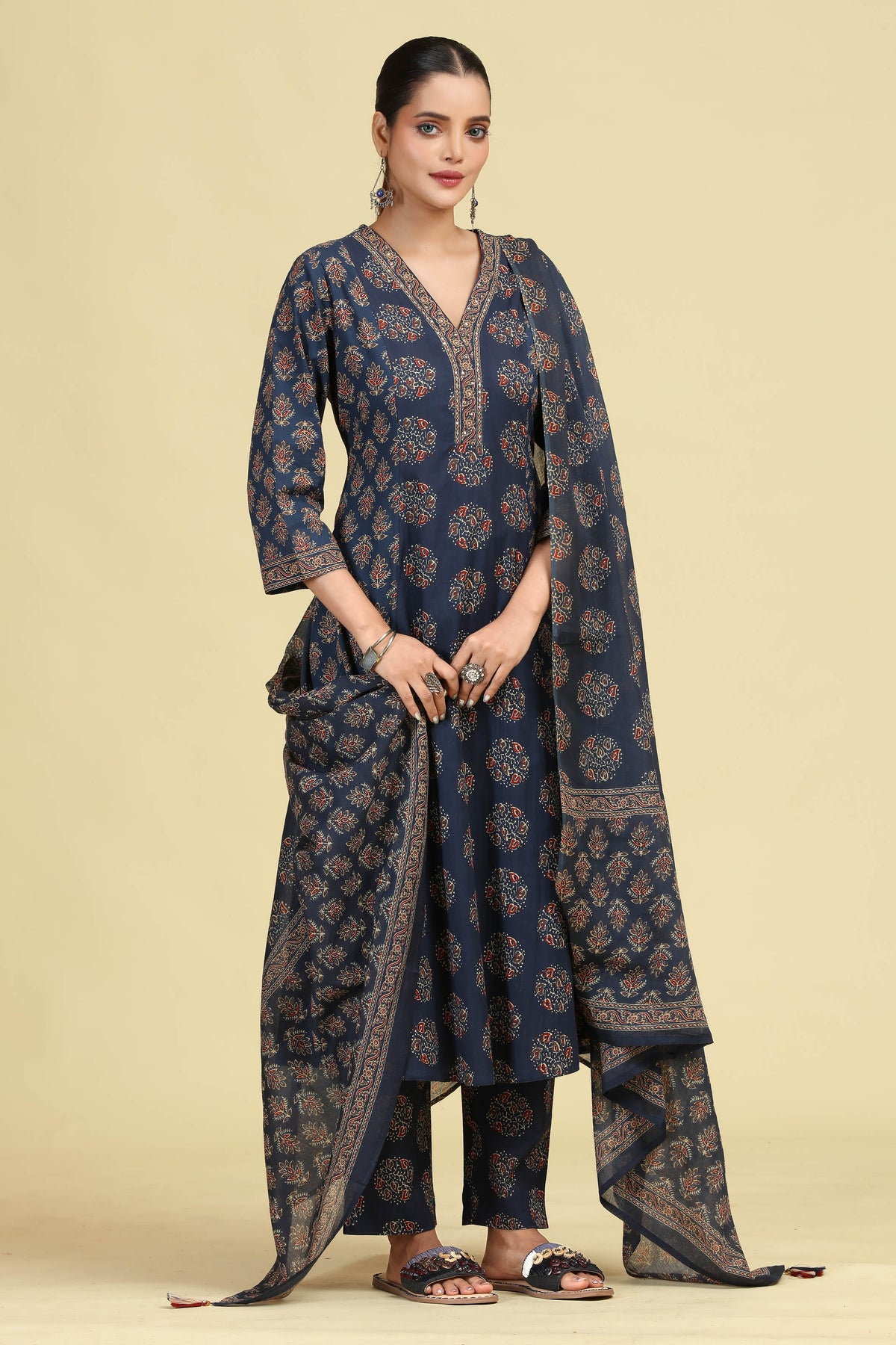 Navy Blue Pure Cotton Printed Ethnic Suit Set