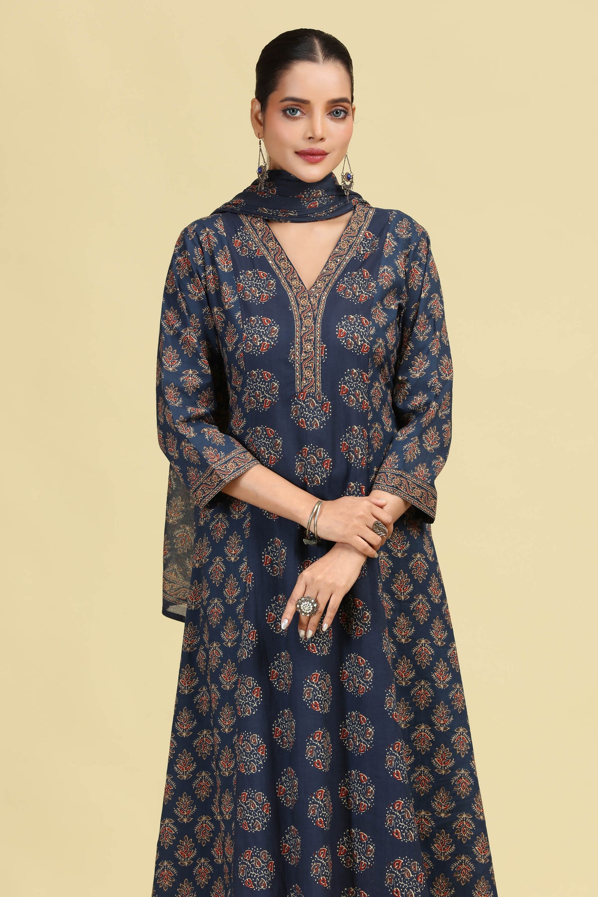 Navy Blue Pure Cotton Printed Ethnic Suit Set