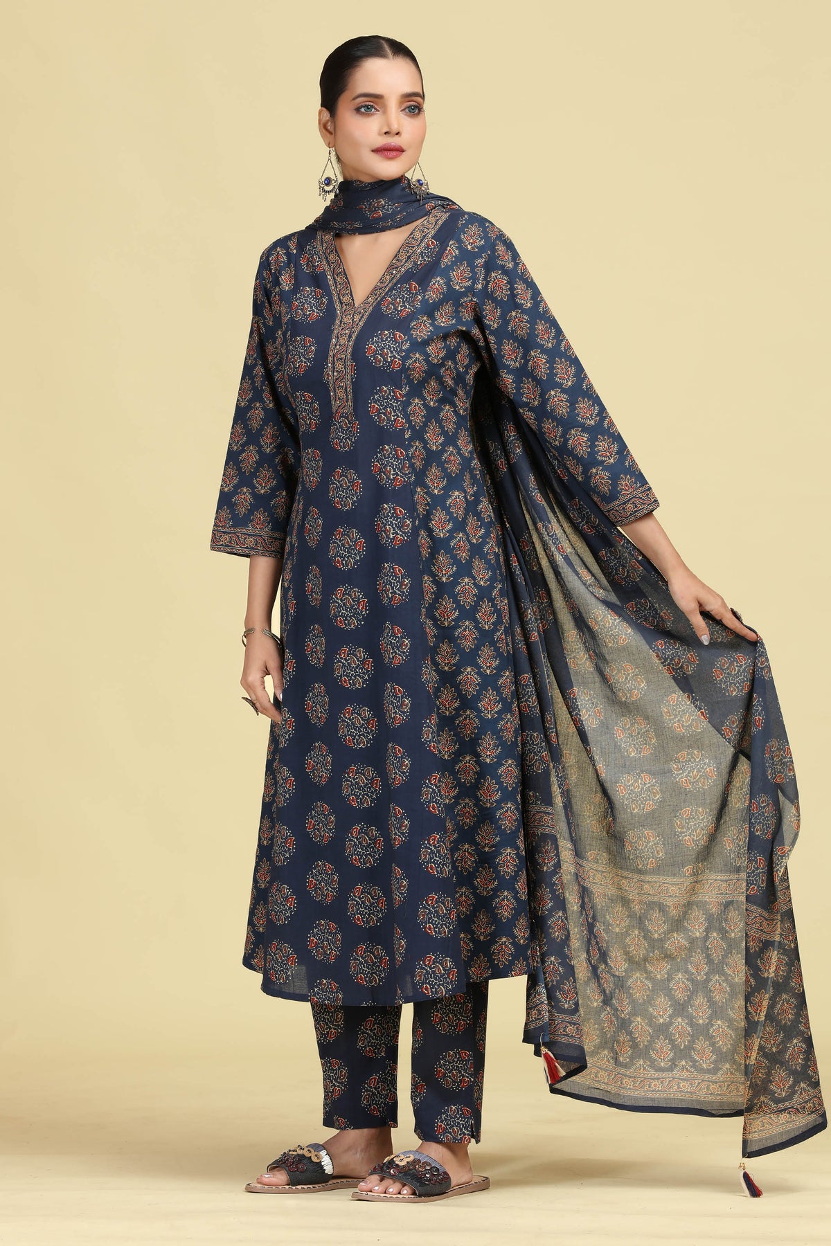 Navy Blue Pure Cotton Printed Ethnic Suit Set