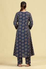 Navy Blue Pure Cotton Printed Ethnic Suit Set