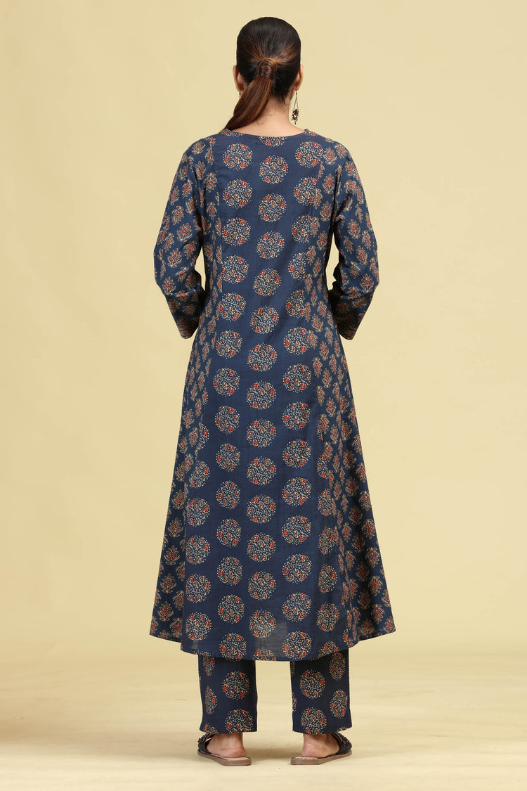 Navy Blue Pure Cotton Printed Ethnic Suit Set