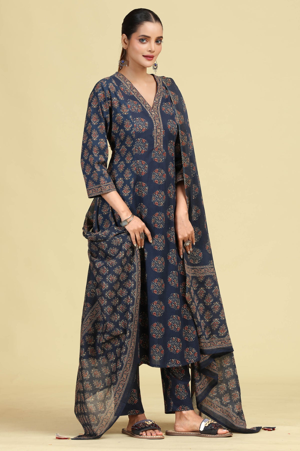 Navy Blue Pure Cotton Printed Ethnic Suit Set