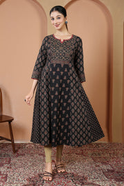 Black Traditional Geometric And Floral Print A-Line Cotton Kurta