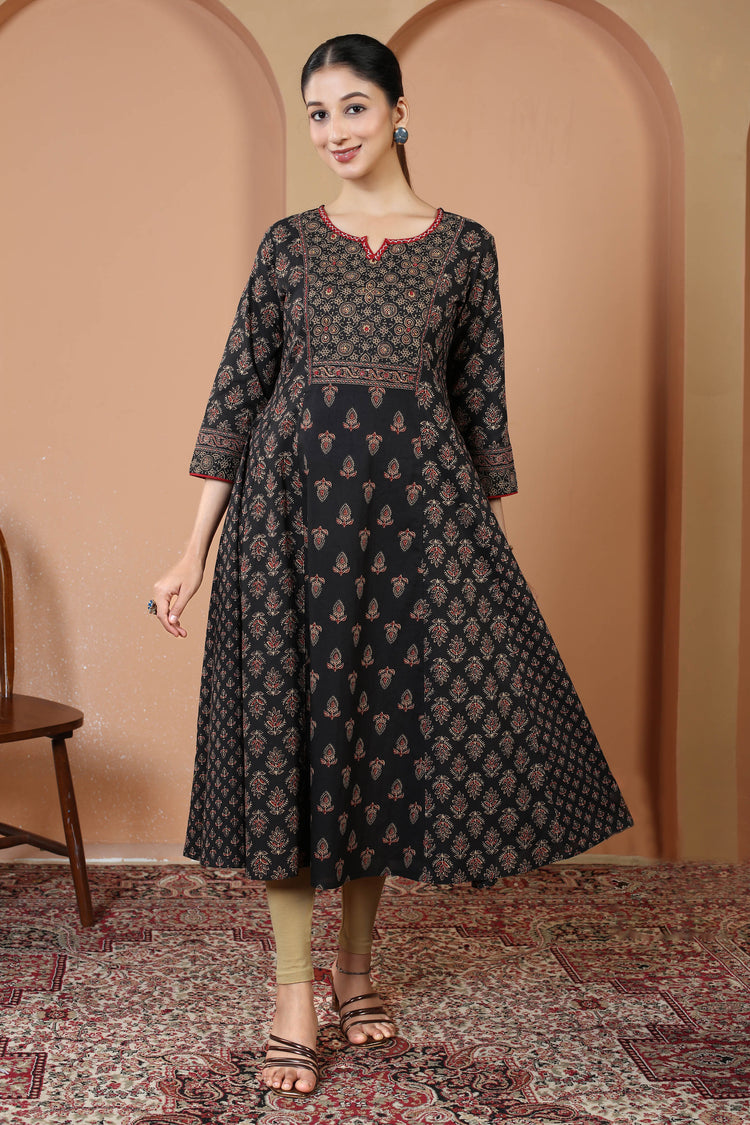 Black Traditional Geometric And Floral Print A-Line Cotton Kurta
