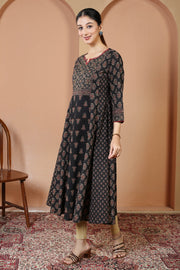 Black Traditional Geometric And Floral Print A-Line Cotton Kurta