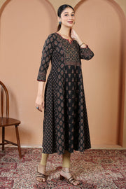 Black Traditional Geometric And Floral Print A-Line Cotton Kurta