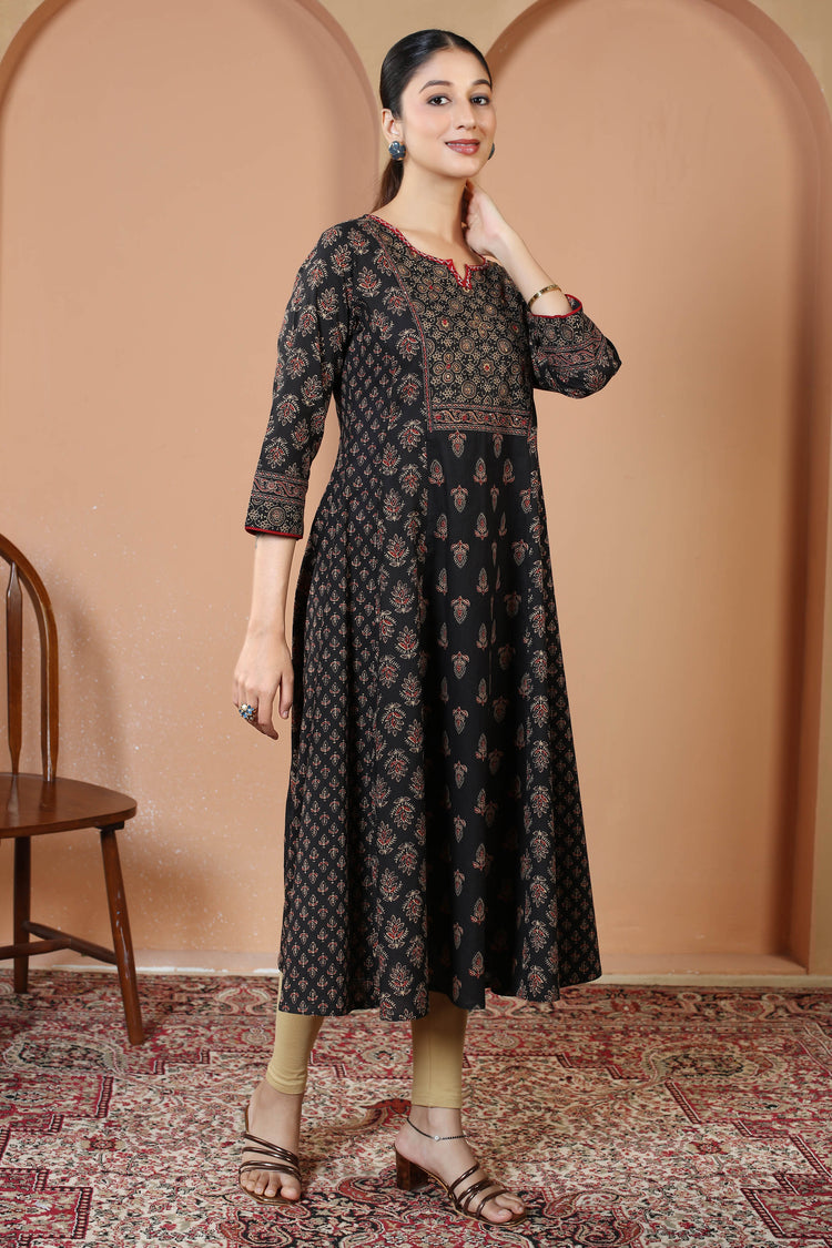 Black Traditional Geometric And Floral Print A-Line Cotton Kurta