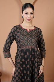 Black Traditional Geometric And Floral Print A-Line Cotton Kurta