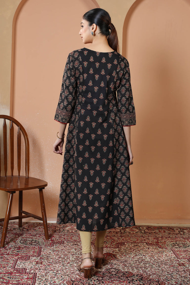 Black Traditional Geometric And Floral Print A-Line Cotton Kurta