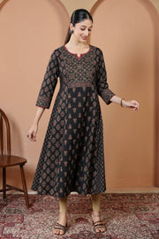 Black Traditional Geometric And Floral Print A-Line Cotton Kurta