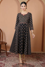 Black Traditional Geometric And Floral Print A-Line Cotton Kurta