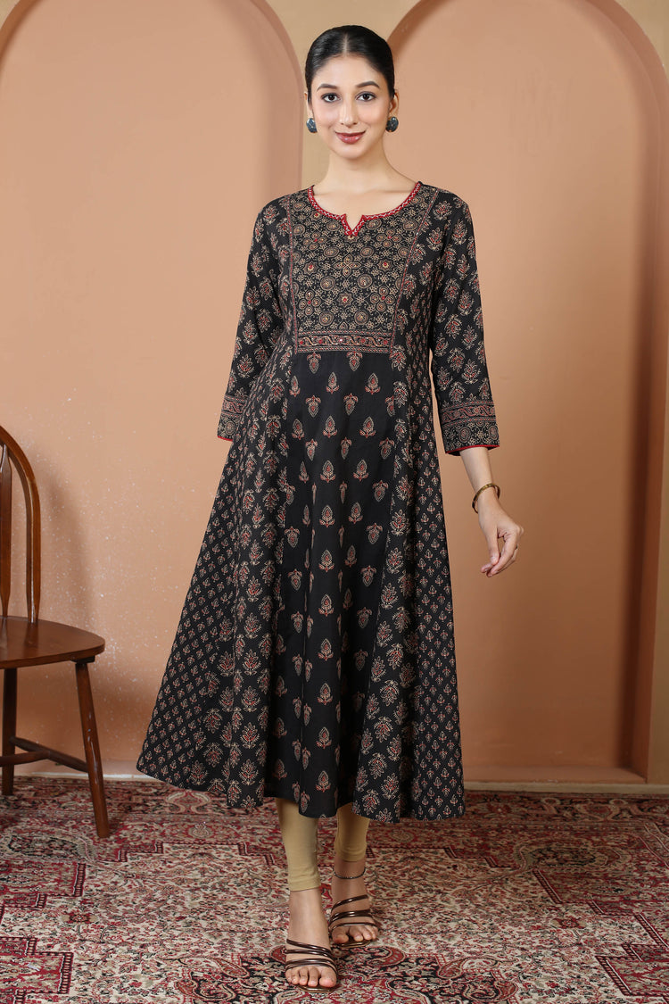 Black Traditional Geometric And Floral Print A-Line Cotton Kurta