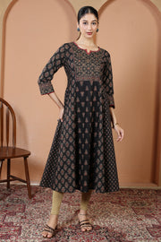 Black Traditional Geometric And Floral Print A-Line Cotton Kurta