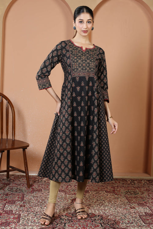 Black Traditional Geometric And Floral Print A-Line Cotton Kurta