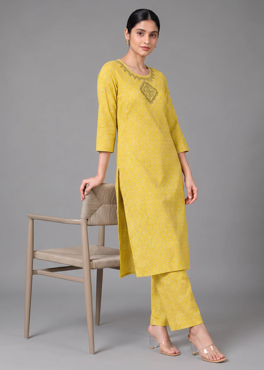 Lime Green Geometric Printed Pure Cotton Co-Ord Set
